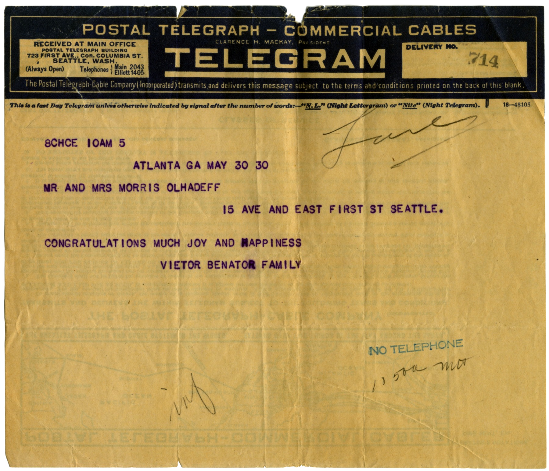Telegram in honor of the wedding of Moshe and "Behora" Rebecca Alhadeff