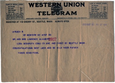 Telegram in honor of the wedding of Moshe and "Behora" Rebecca Alhadeff