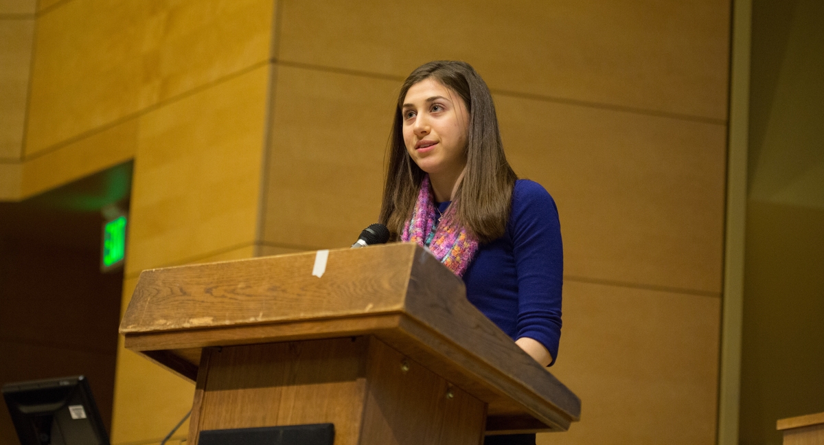 Ashley Bobman speaking at the 2014 International Ladino Day community celebration in Kane Hall. Photo by Meryl Schenker Photography.