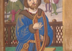 Renaissance painting showing a king strumming a harp