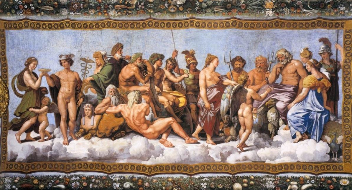 The Olympians receiving Psyche. Ceiling fresco by Raphael at the Villa Farnesina, Rome. Ca. 1518.