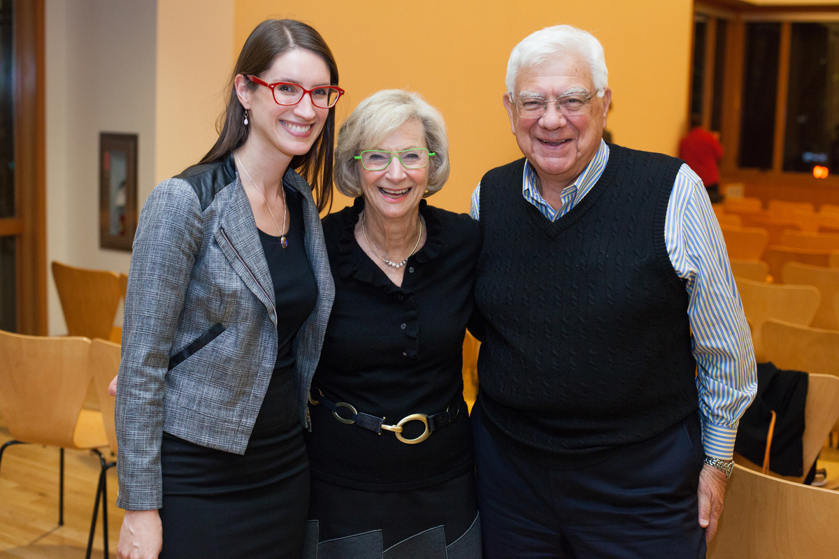 Associate Director Lauren Spokane with Lucy and Herb Pruzan at the welcome lecture for Prof. Mika Ahuvia, March 2015. Photo by Meryl Schenker.
