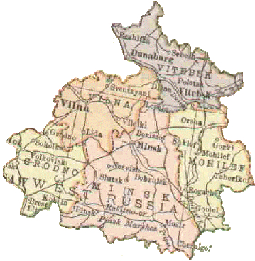 This map of Belarus was scanned from a 1916 atlas. Vitebsk is in the northeast section. The nearby town of Dunaburg was previously known as Dvinsk and is called Daugavpils today. Image via jewishgen.org.