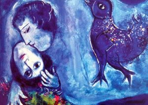 Brightly colored painting by Marc Chagall shows a man and woman embracing with a floral bouquet and dove nearby