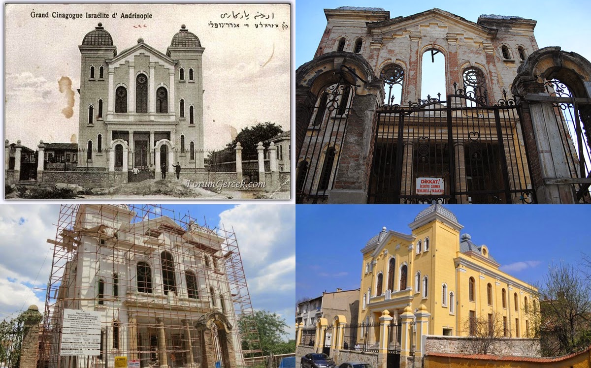 The Grand Synagogue of Edirne, Turkey, over the years. Collage via Salom Newspaper.