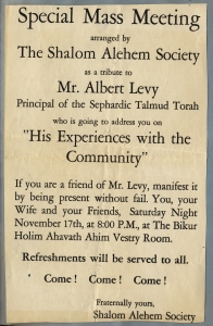 Publicity for a lecture by Albert Levy, principal of Talmud Torah 