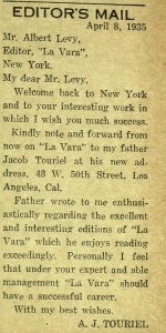 Letter to Albert Levy following his return to New York