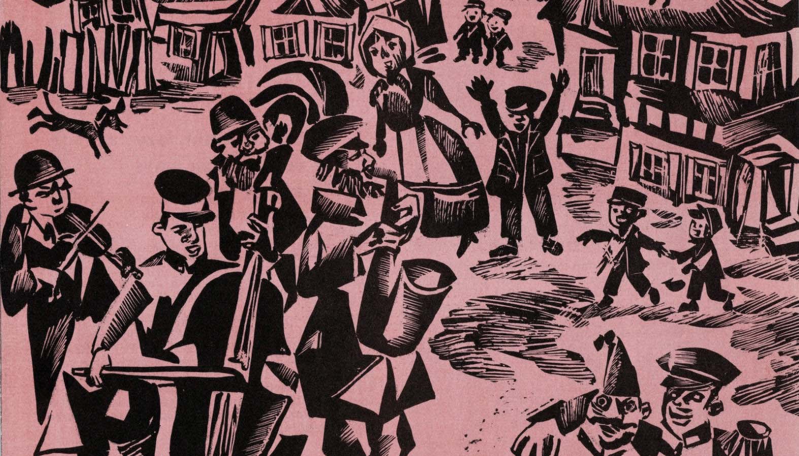 Wood block print on pink paper shows a bustling shtetl scene with musicians and children in the streets