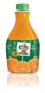 An orange juice container with Hebrew writing