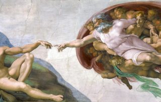 God and man reach out to touch one another in Michelangelo's painting "The Creation of Adam"