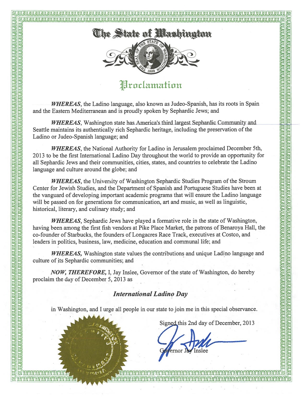 International Ladino Day Proclamation by Washington State Governor Jay Inslee, December 2nd 2013.