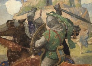 Cover of the book "The Boy's King Arthur," showing two knights in armor clashing on horesback