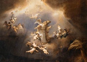 Painting shows angels bathed in light visiting shepherds