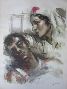 Painting of a concerned nurse tending to a wounded soldier