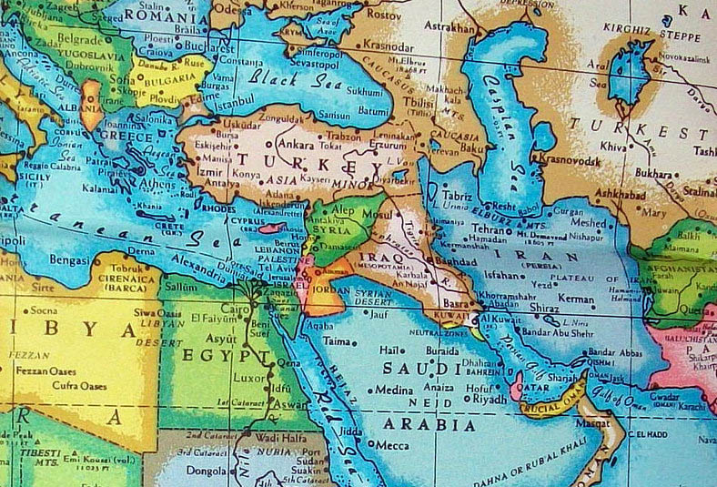 A historic, brightly colored map of the Middle East