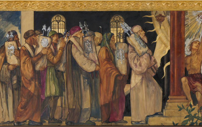 A mural depicting a procession of Jewish men in medieval garb, bearing Torah scrolls, heading towards hope
