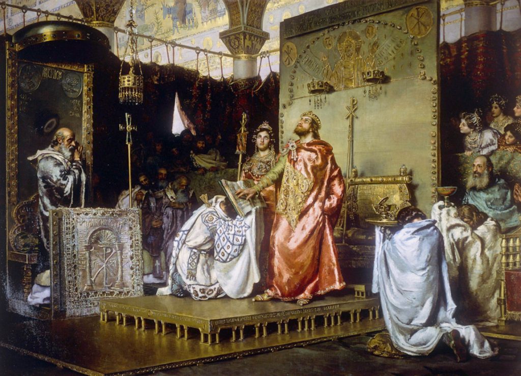 Throneroom scene showing a king and queen staring heavenward, hands placed on a Bible as a priest looks on