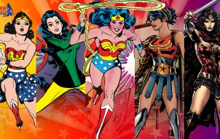 Collage of different versions of Wonder Woman since her creation