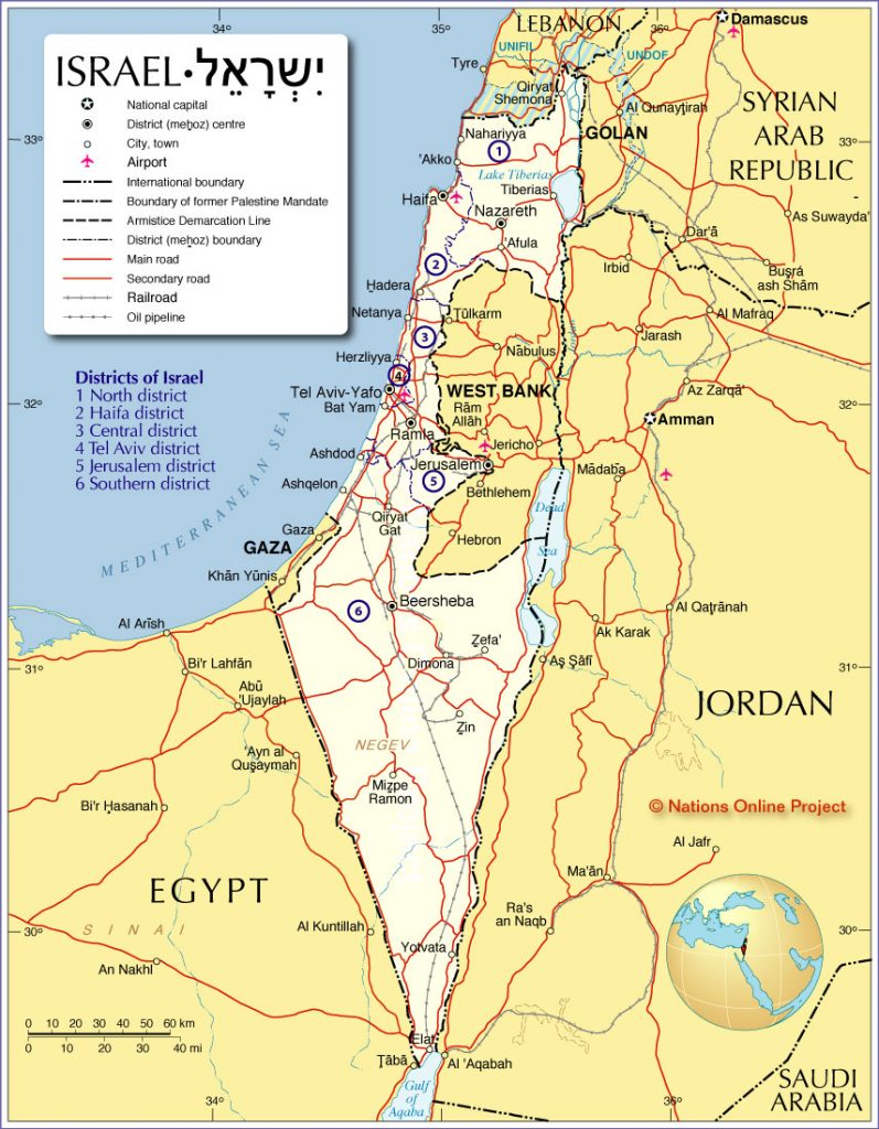 Map showing the State of Israel and the surrounding countries with international borders, Gaza and West Bank, district boundaries, district capitals, major cities, main roads, railroads and airports.