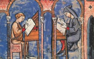 In a medieval illustration, robed men sit at desks writing and painting on parchment