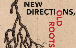 A pen-and-ink drawing of a tree branch on aged paper extends downwards next to bold text reading "New Directions, Old Roots"