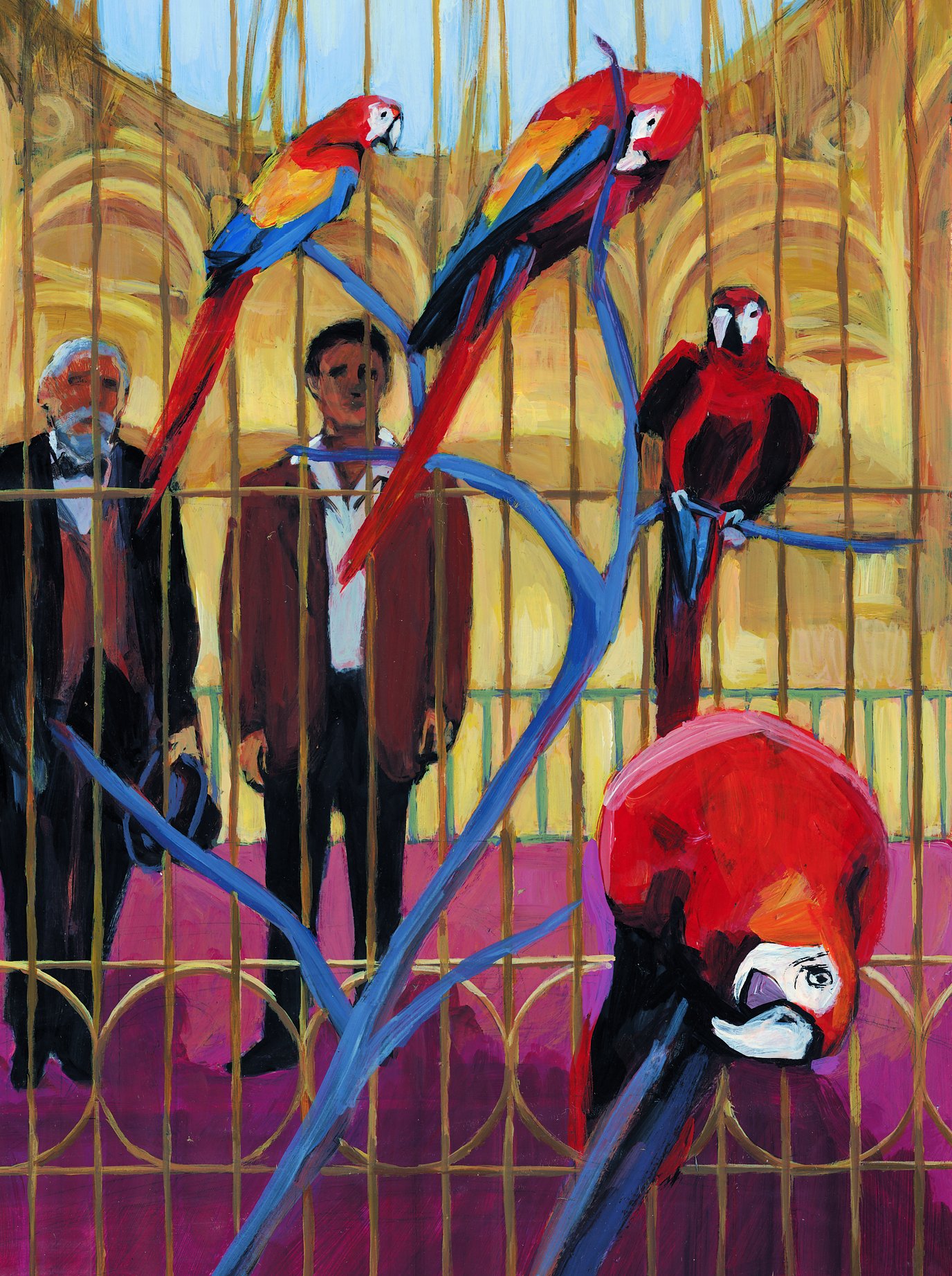 Oil painting showing two men watching brightly colored parrots perched in a large cage