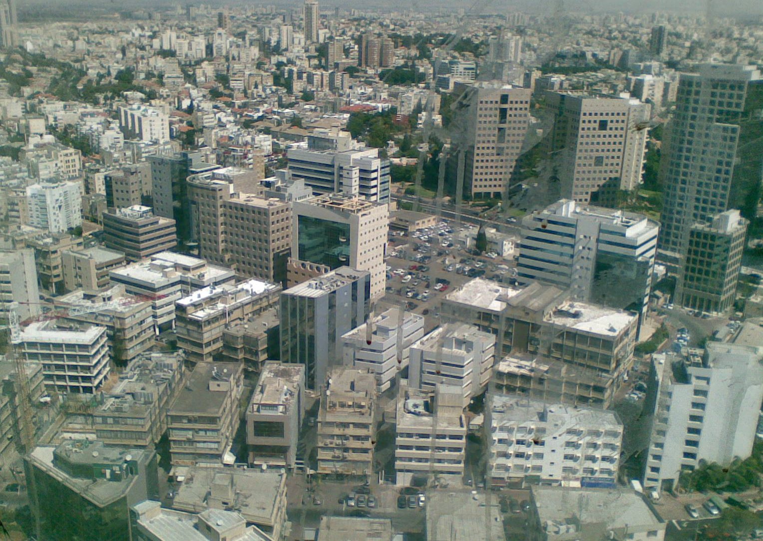 View of Israeli city Ramat Gan from overhead, showing dozens of skyscrapers