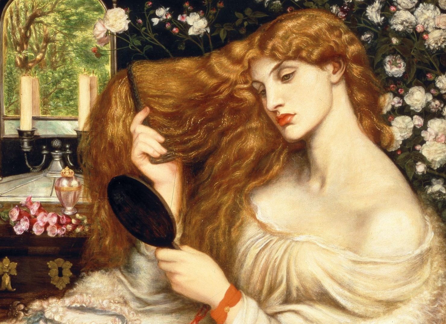 Painting of Lady Lilith combing her long, flaxen hair and gazing into a mirror
