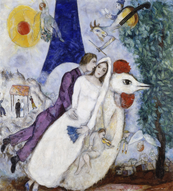 Stylized painting shows a bride in white being embraced by a groom in purple, a tree, chicken and sun in the background