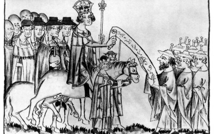 Black and white print shows a king with crown, robes, and scepter riding a horse, flanked by a robed entourage, handing a scroll covered with script to a group of Jewish men in robes and pointed caps