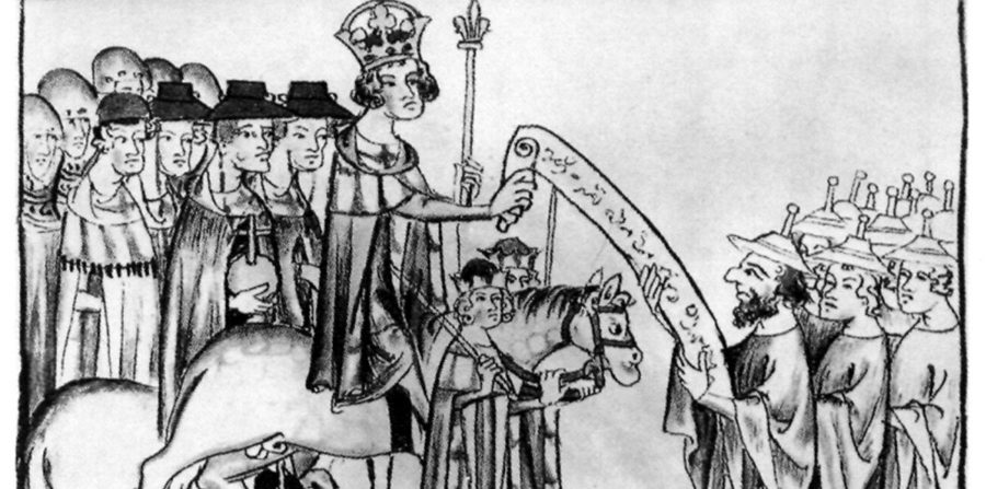 Black and white print shows a king with crown, robes, and scepter riding a horse, flanked by a robed entourage, handing a scroll covered with script to a group of Jewish men in robes and pointed caps