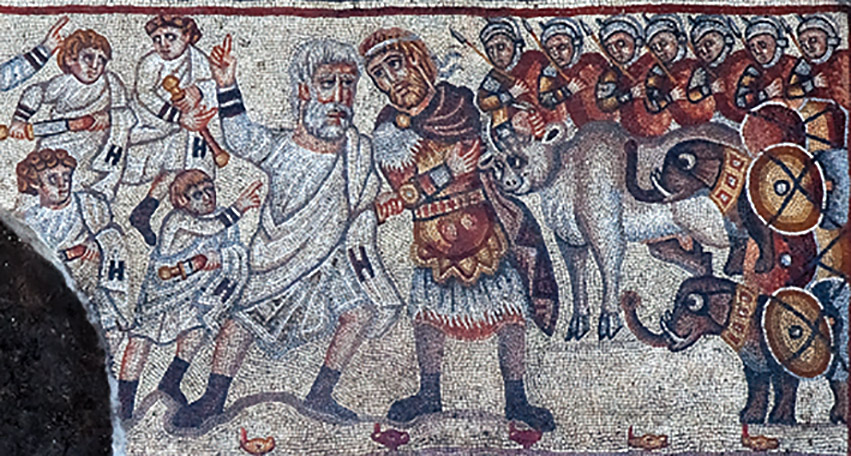 Mosaic made of tiny colored pieces of tile showing two leaders confronting each other: one with a white beard in white robes leading a group of white-clad men; the other, a middle-aged kingly-looking man wearing armor and a cape, with armored soldiers, two armored elephants and a cow behind him