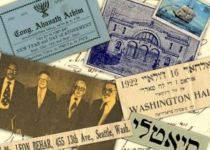 Collage showing historic documents from Sephardic Seattle, including a black-and-white photograph, stamp, and a print image, with Soletreo in the background