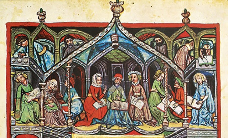 Medieval illumination from the Darmstadt Haggadah showing a group of men and women in long medieval robes studying books