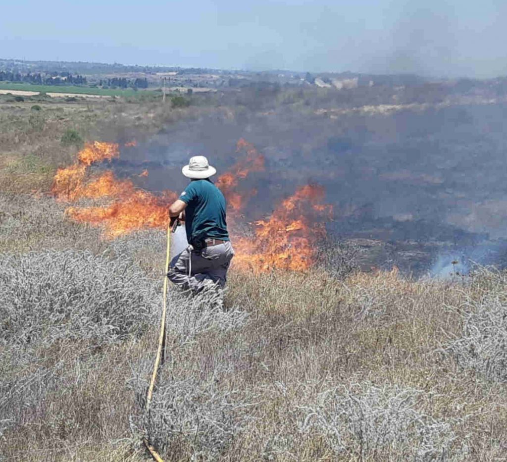 A worker in a sun hat hoses down a burning patch in a dry field
