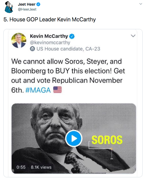 Screenshot shows a tweet from Rep. Kevin McCarthy reading "We cannot allow Soros, Steyer, and Bloomberg to BUY this election! Get out and vote Republican November 6. #MAGA