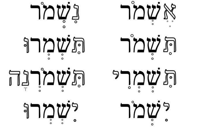 A black-and-white flash card shows a Hebrew root and variations