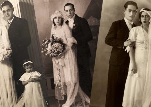 Collage of historic black-and-white photographs showing Sephardic Jewish couples in wedding clothing