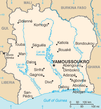 Color map of Côte dIvoire, showing the west African country along the Gulf of Guinea, between Guinea and Liberia and Ghana