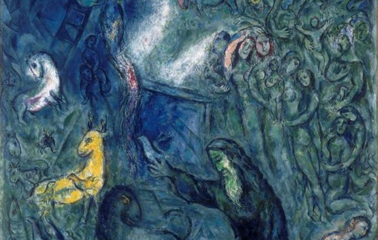 Painting representing the Noah's ark story, showing a figure of Noah gesturing over animals, with human figures huddling behind him, surrounded by the suggestion of blue waves