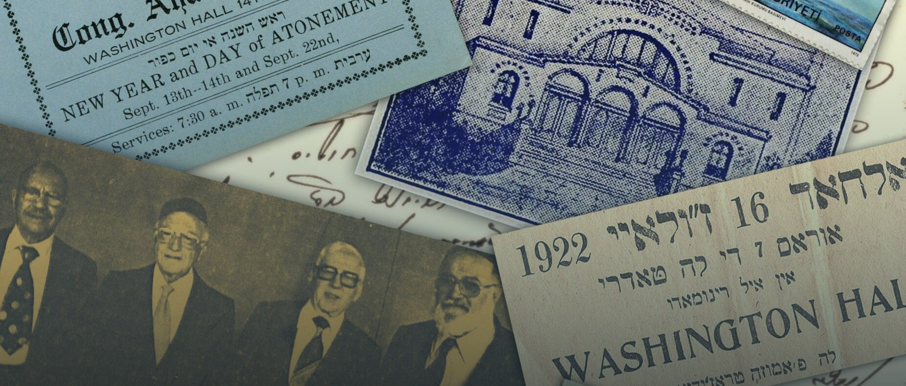 Collage of historic documents from Sephardic Seattle, including photographs, High Holidays tickets, and stamps and letters