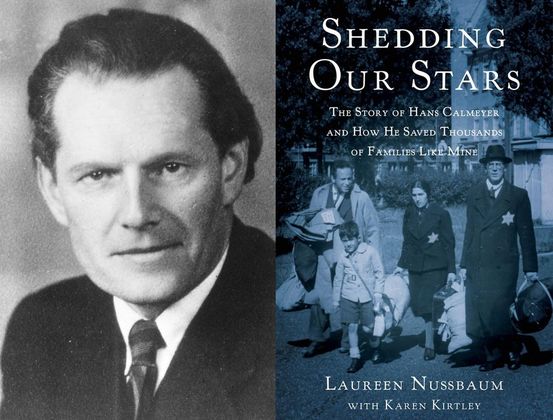 Black-and-white photograph of Hans Calmeyer, in suit and tie, alongside the book cover of "Shedding Our Stars," which shows a historic photograph of a family carrying luggage, wearing cloth stars indicating they are Jewish