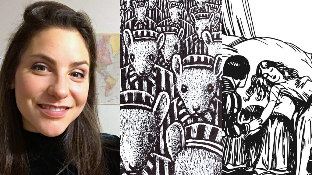 Collage showing a photo of Grace Levy, smiling with a map visible in the background, next to a panel from the graphic novel "Maus" with a crowd of mice instriped prisoner outfits, and a pen and ink illustration of Sleeping Beauty lying in bed
