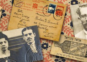 Collage of artifacts, including black-and-white photographs of a man-and-woman couple and a man wearing glasses, jacket, and tie, a handwritten 20th-century, and a clipping from a Ladino-language newspaper postcard