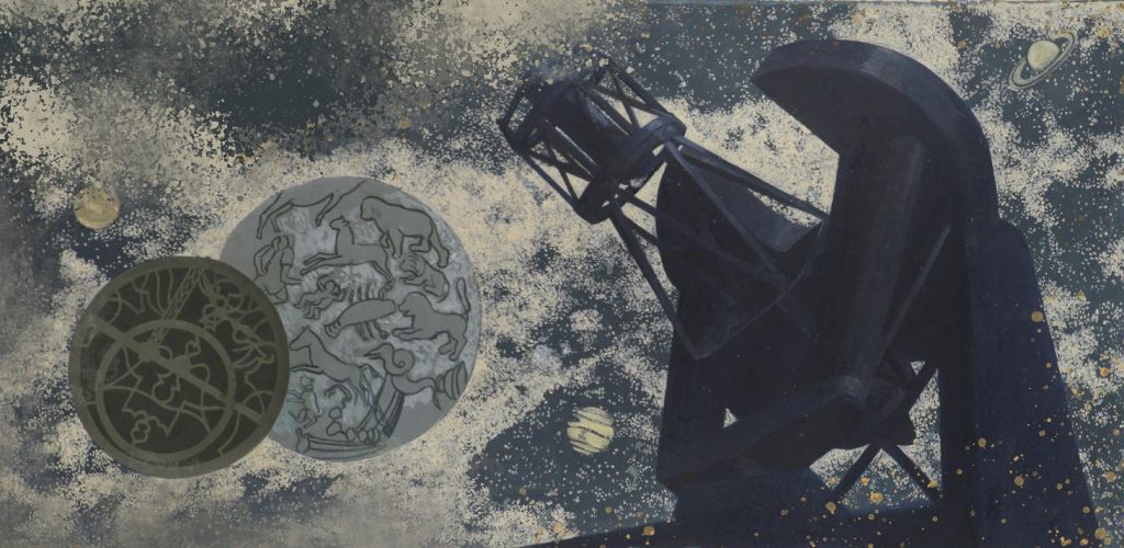 Collage style image of a telescope and astronomical tools and symbols. The image background is indigo with grey clouds. The telescope is on the right side of the image and is dark blue. The astronomical symbols are on the left side and are grey and dark blue circles with designs.