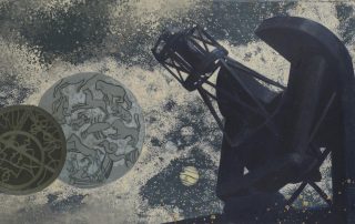 Collage style image of a telescope and astronomical tools and symbols. The image background is indigo with grey clouds. The telescope is on the right side of the image and is dark blue. The astronomical symbols are on the left side and are grey and dark blue circles with designs.