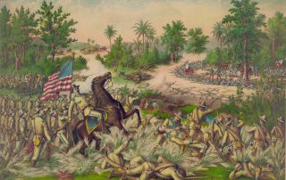Painting of a battle during the Fillipine-American war. Lots of trees and foliage in background against a yellow and blue sky. Main feature in foreground is a soldier on a brown rearing horse. Horse surrounded by slain soldiers in tan and beige uniforms.