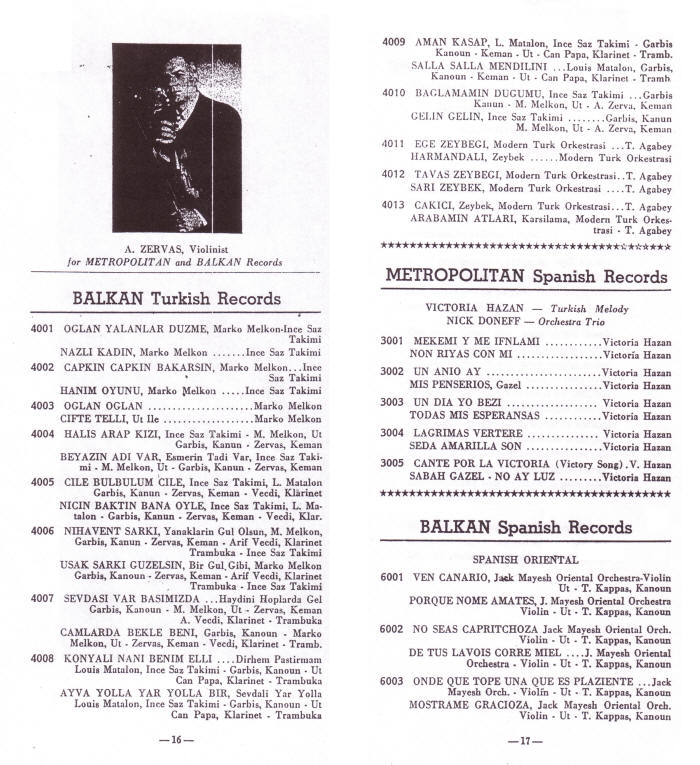 Catalog of Ladino and Turkish records. White paper with black text. The records are listed in two columns. There is a black and white photo of a man at the top left corner of the page.