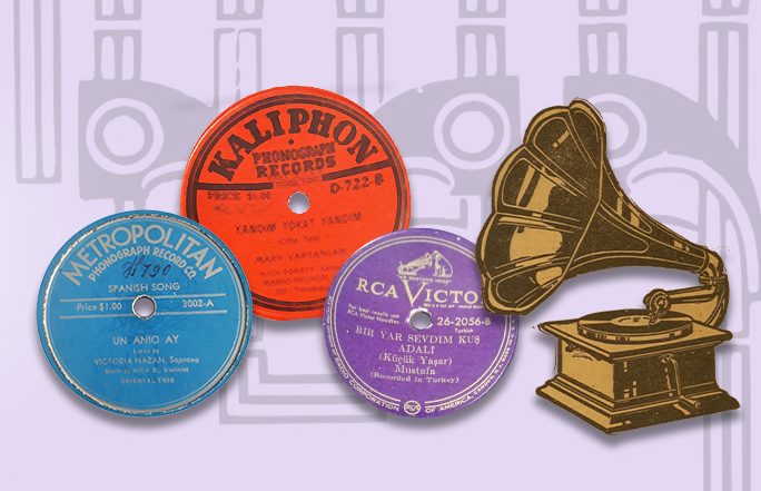 Light purple background with art deco pattern. At left: text reads Bailar a la Turka: 78 rpm records in Seattle Sepharadi households. At right: 3 record labels, one blue, one red, one purple, and a black and yellow illustration of a phonograph.