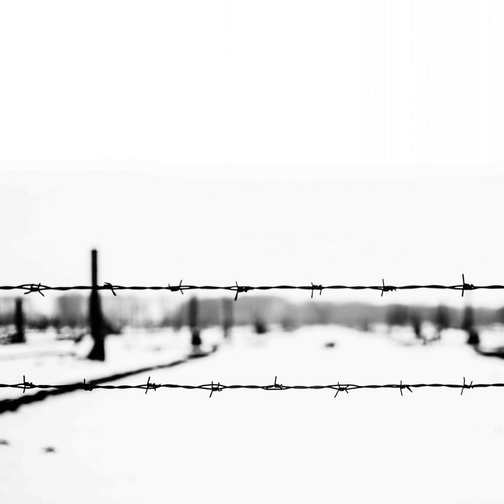 Close-up of electrified barbed wire fence of Auschwitz concentration camp. The remains of the camp on the background